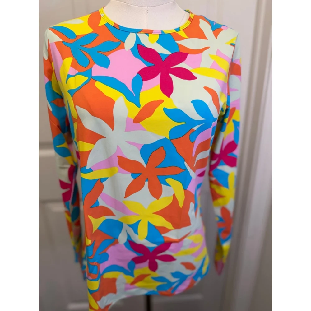 Lands’ End Turquoise Multi Floral Rash Guard Swim Shirt S NWT - Picture 2 of 5